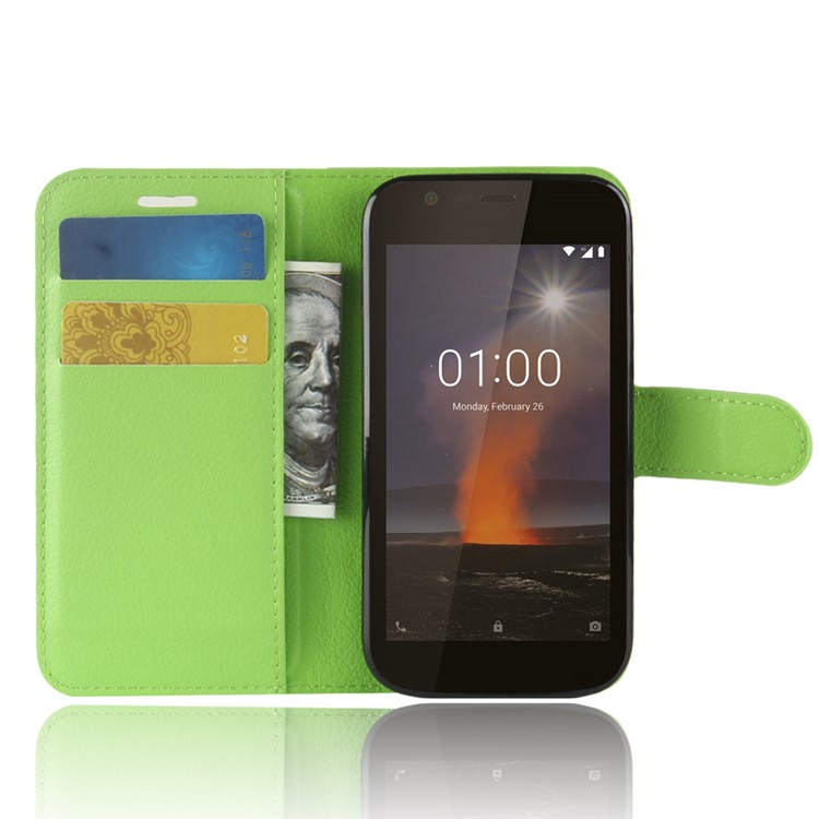 Litchi Texture Wallet Stand Leather Phone Shell for Nokia 1 - Green-4