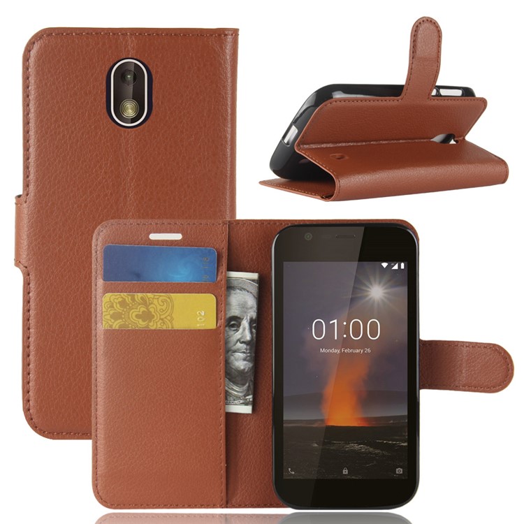 Litchi Texture Wallet Stand Leather Shell for Nokia 1 - Brown-1