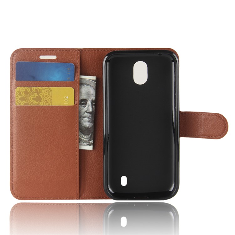 Litchi Texture Wallet Stand Leather Shell for Nokia 1 - Brown-3