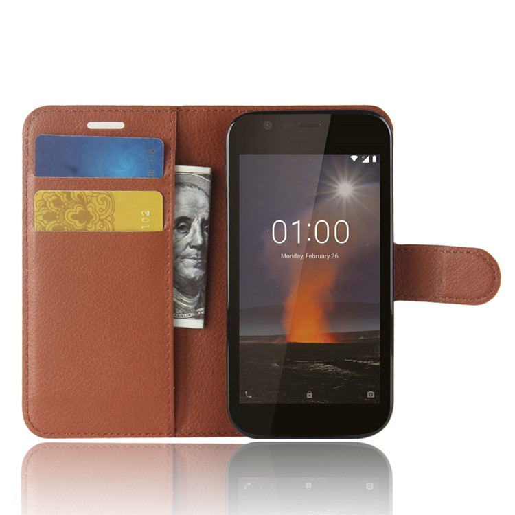 Litchi Texture Wallet Stand Leather Shell for Nokia 1 - Brown-4