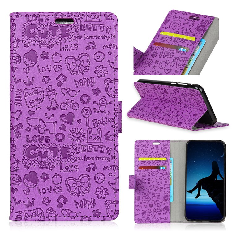 Cartoon Graffiti Wallet Stand Flip Leather Mobile Casing for Nokia 7 plus - Purple-1
