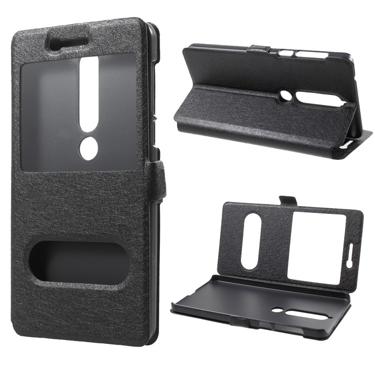 For Nokia 6 (2018) Silk Texture Dual Window Leather Stand Case - Black-1