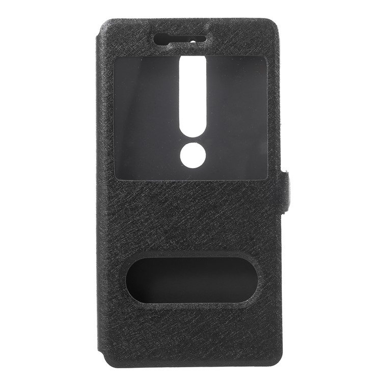 For Nokia 6 (2018) Silk Texture Dual Window Leather Stand Case - Black-3