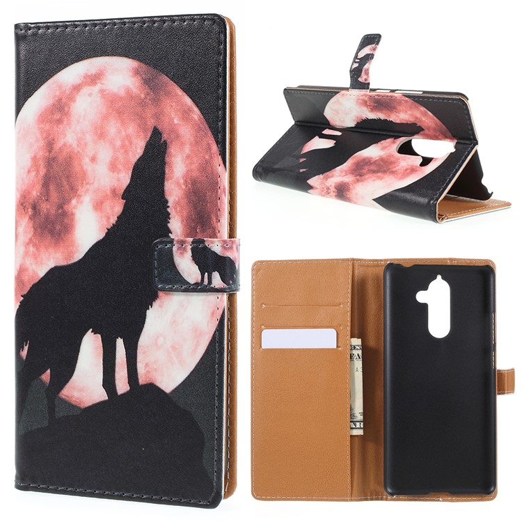 Pattern Printing Leather Wallet Stand Case for Nokia 7 plus - Wolf Howling at the Moon-1