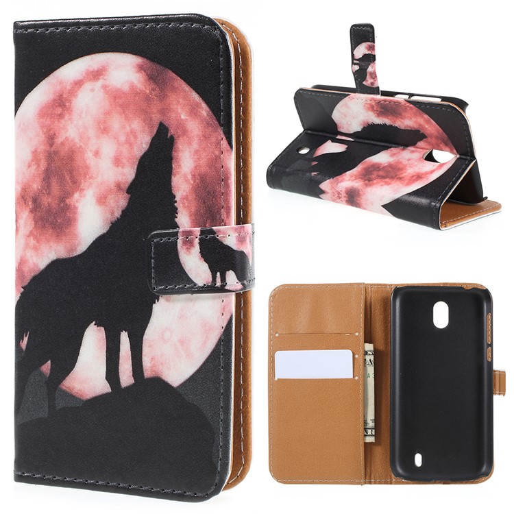 For Nokia 1 Pattern Printing Leather Wallet Stand Mobile Cover - Wolf Howling at the Moon-1