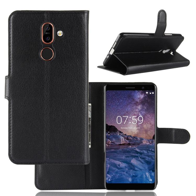 Litchi Skin PU Leather Wallet Stand Phone Shell for Nokia 7 plus - Black-1