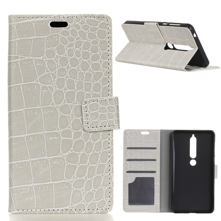 For Nokia 6 (2018) Crocodile Texture Vintage Leather Wallet Stand Case - White-1