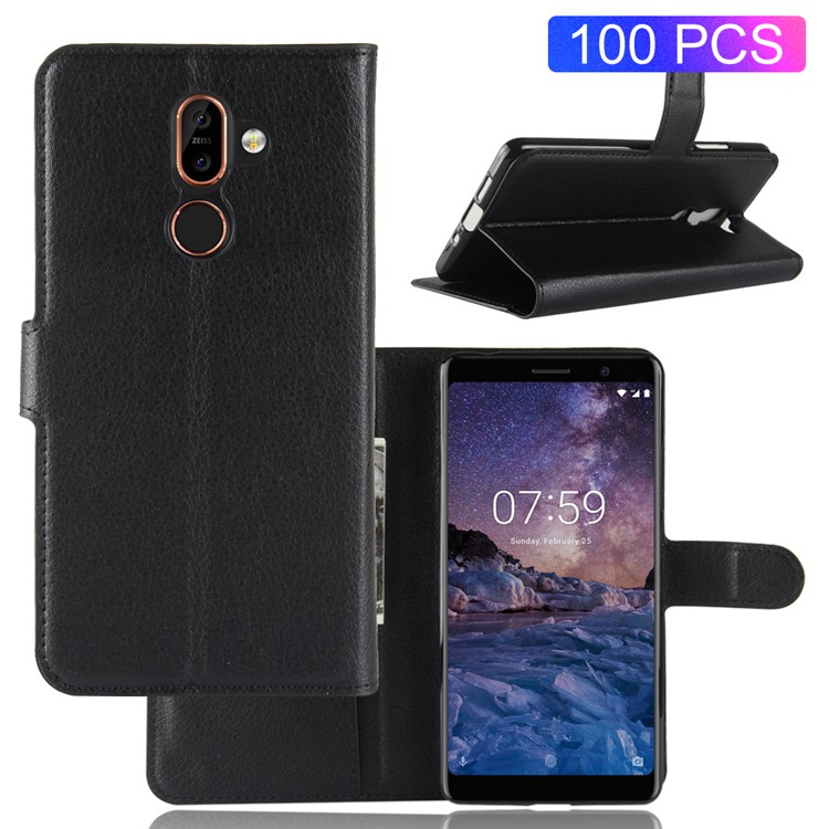 100Pcs/Set Litchi Grain Wallet Stand Leather Case for Nokia 7 plus - Black-1