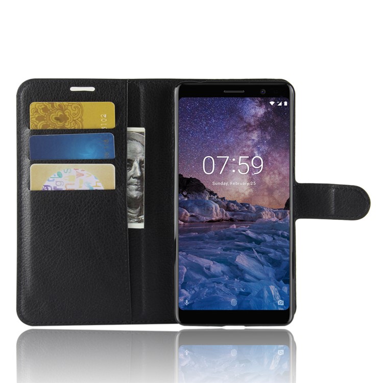 100Pcs/Set Litchi Grain Wallet Stand Leather Case for Nokia 7 plus - Black-4