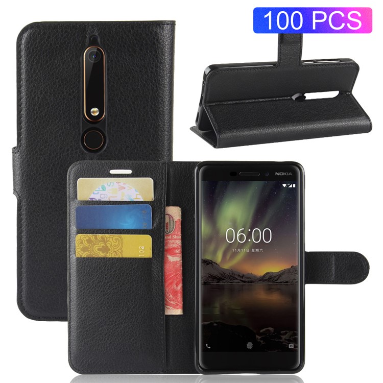 100PCS/Pack Litchi Texture Wallet Stand Leather Case for Nokia 6 (2018) - Black-1