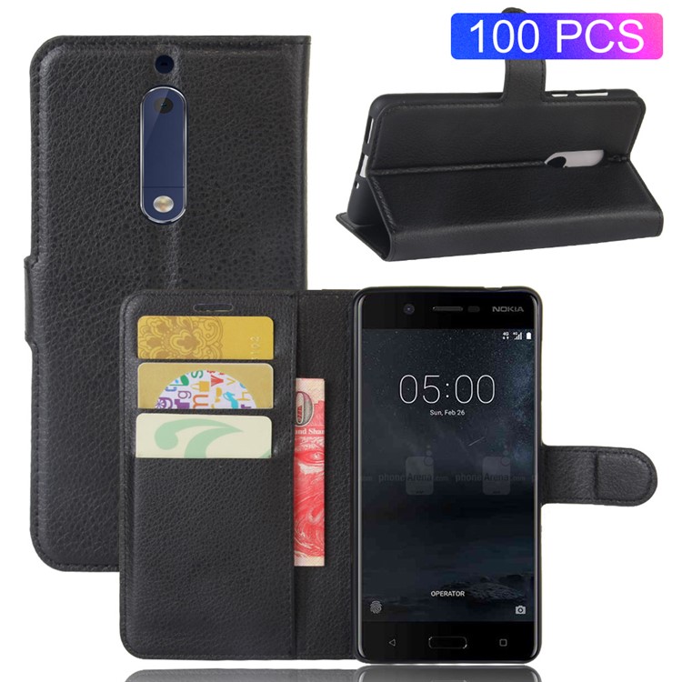 100Pcs/Set Litchi Grain Wallet Stand Leather Case for Nokia 5 - Black-1