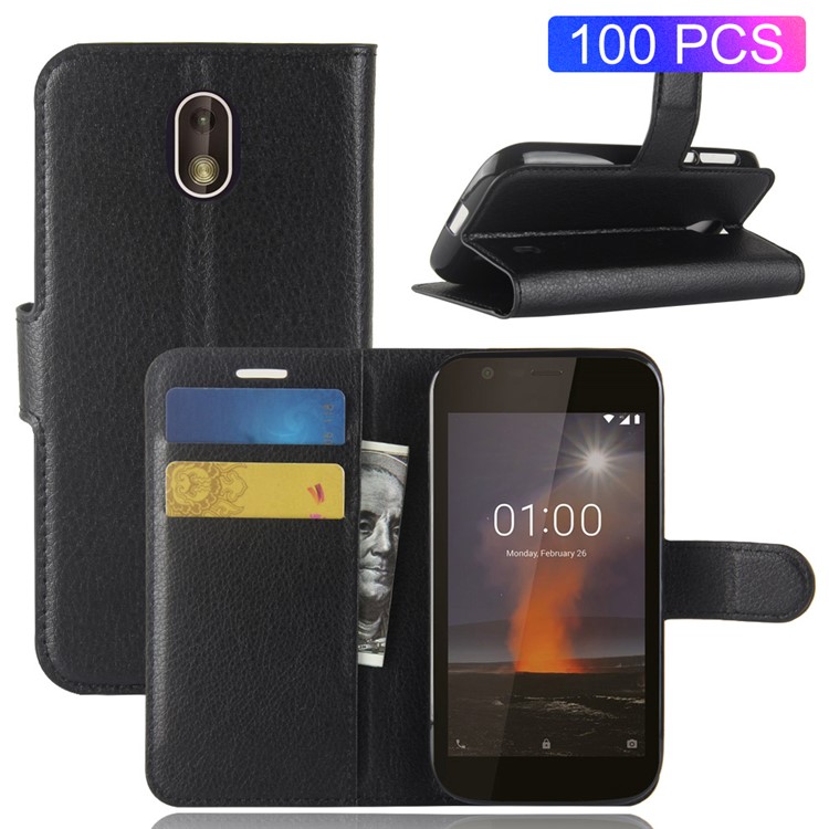 100Pcs/Set Litchi Grain Wallet Stand Leather Case for Nokia 1 - Black-1