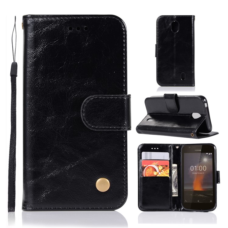 Premium Vintage Leather Wallet Case for Nokia 1 - Black-1