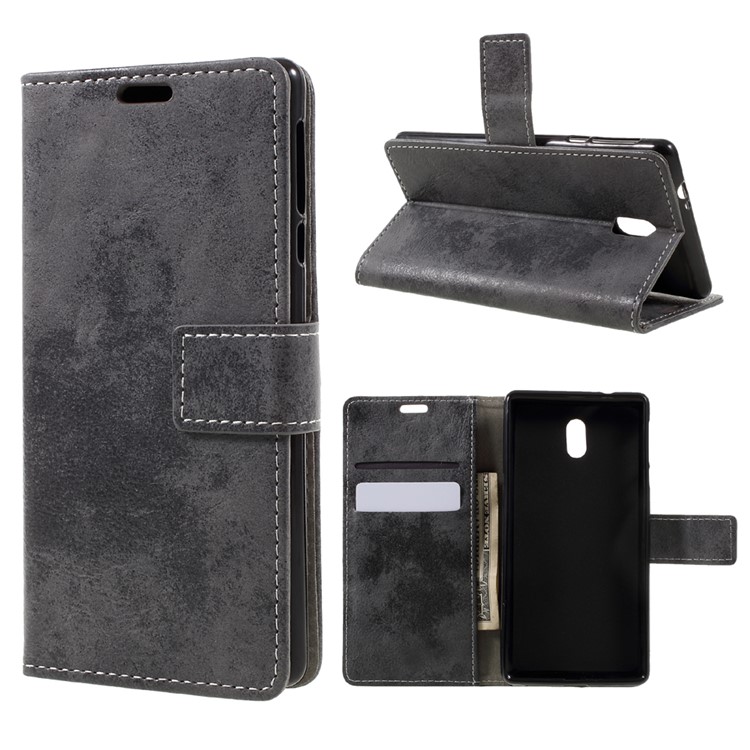 Vintage Style Leather Stand Wallet Phone Case for Nokia 3 - Grey-1