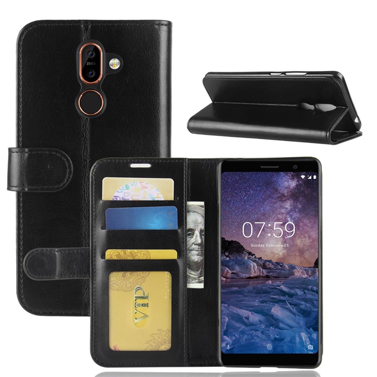 Crazy Horse Wallet Leather Stand Mobile Phone Case for Nokia 7 plus - Black-8