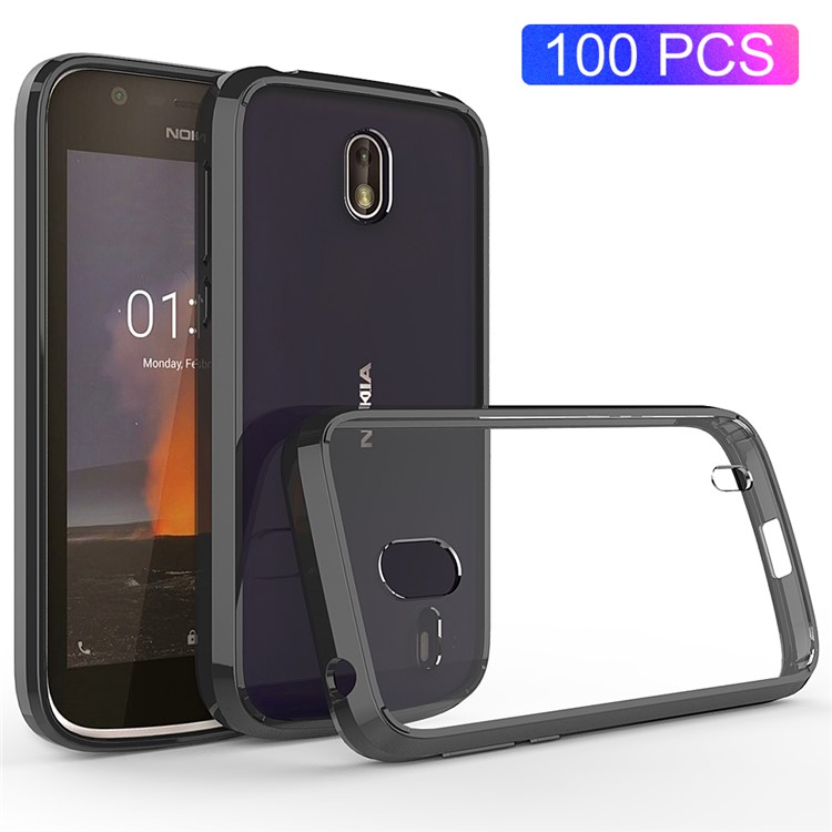 100Pcs/Set Clear Acrylic Back + TPU Edges Hybrid Cover for Nokia 1 - Black-1