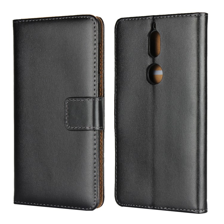 Genuine Leather Wallet Stand Cell Phone Case for Nokia 7 - Black-1