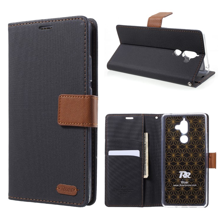 ROAR KOREA Twill Leather Wallet Stand Case for Nokia 7 plus - Black-1