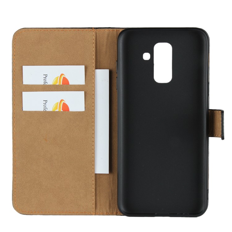 Genuine Split Leather Wallet Stand Phone Cover for Samsung Galaxy A6+ (2018) - Black-6