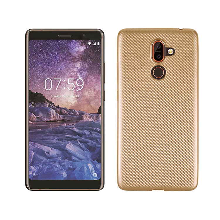 Carbon Fiber Texture Soft TPU Back Phone Casing for Nokia 7 plus - Gold-1