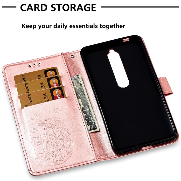 Imprinted Elephant Flip Leather Wallet Stand Case for Nokia 6 (2018) - Rose Gold-3