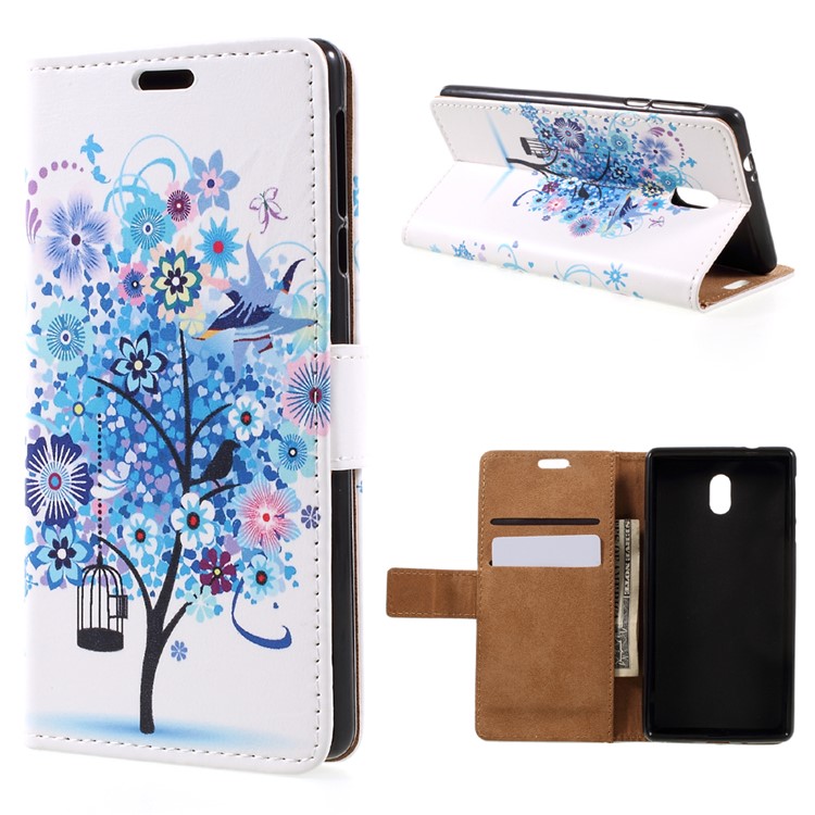 Printing Pattern PU Leather Wallet Case for Nokia 3 - Blue Flowers Tree Birdcage-1