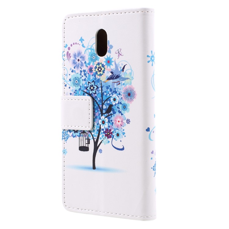 Printing Pattern PU Leather Wallet Case for Nokia 3 - Blue Flowers Tree Birdcage-2