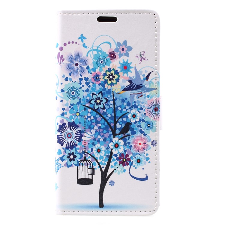 Printing Pattern PU Leather Wallet Case for Nokia 3 - Blue Flowers Tree Birdcage-3