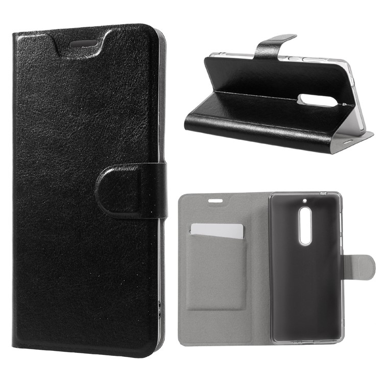 Crazy Horse PU Leather Card Holder Mobile Case for Nokia 5 Built-in Steel Sheet - Black-1