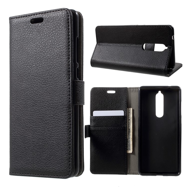 Litchi Skin Wallet Stand Leather Case Shell for Nokia 5.1 - Black-1