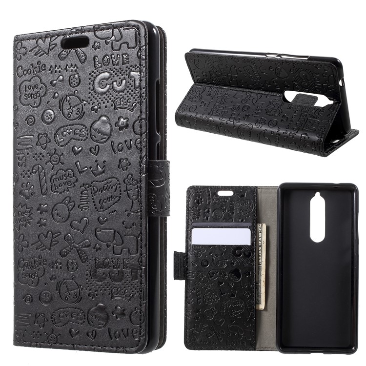 Cartoon Graffiti PU Leather Wallet Stand Shell for Nokia 5.1 - Black-1