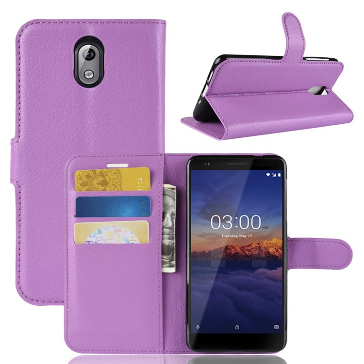Litchi Skin PU Leather Shell with Card Holder for Nokia 3.1 - Purple-1