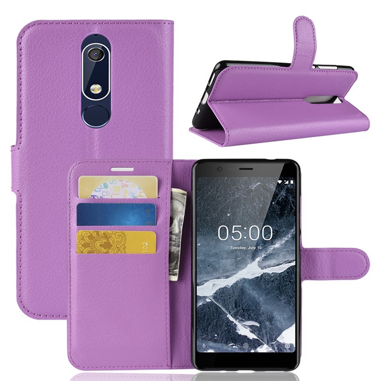 For Nokia 5.1 Litchi Skin Wallet Stand Leather Mobile Shell - Purple-1