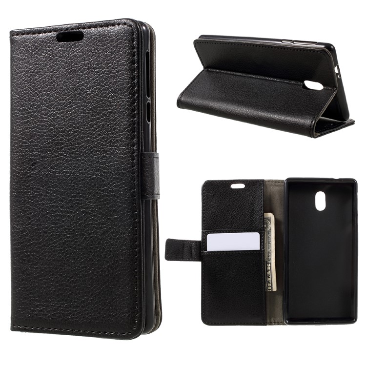 Lychee Texture Leather Wallet Stand Case Cover for Nokia 3 - Black-1