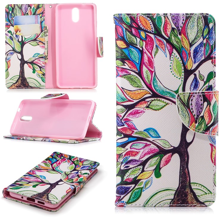 Carteira De Impressão Padrão De Couro Ficar Tampa Para Nokia 3.1 - Árvore Colorida-1