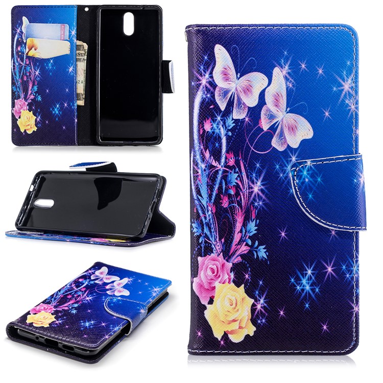 Padrão De Impressão Carteira De Couro Stand Shell Case Para Nokia 3.1 - Borboletas Elegantes-1