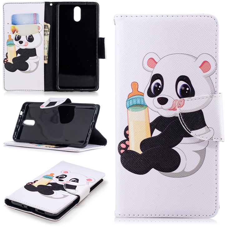 Pattern Printing Magnetic Leather Stand Cover for Nokia 3.1 - Panda Holding a Bottle-1