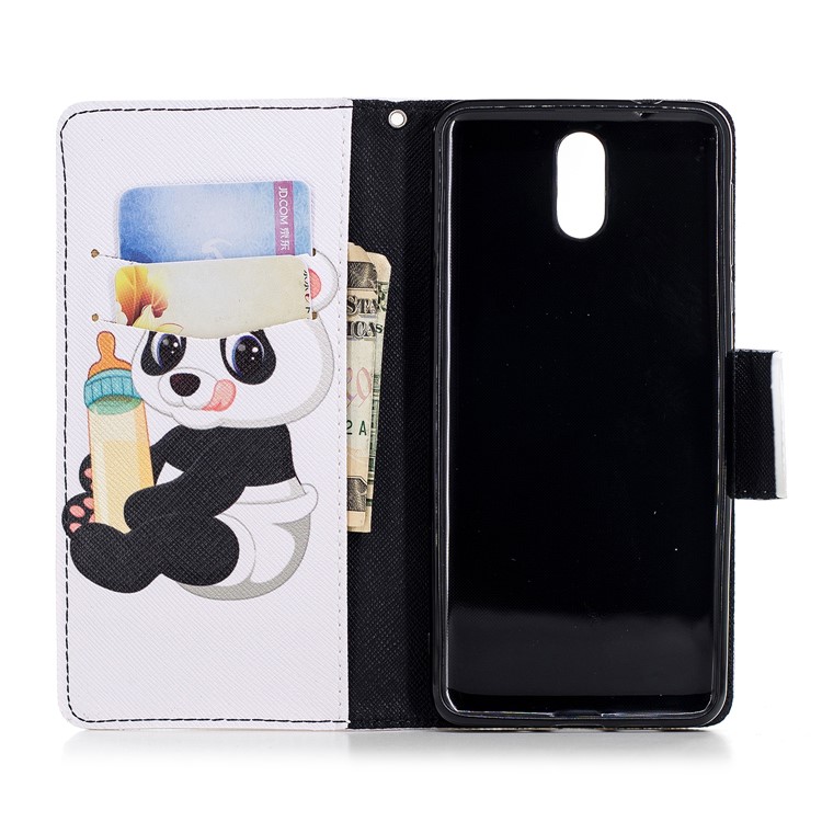 Pattern Printing Magnetic Leather Stand Cover for Nokia 3.1 - Panda Holding a Bottle-8