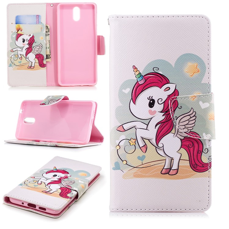 Pattern Printing Leather Stand Case with Card Slots for Nokia 3.1 - Unicorn Pattern-1