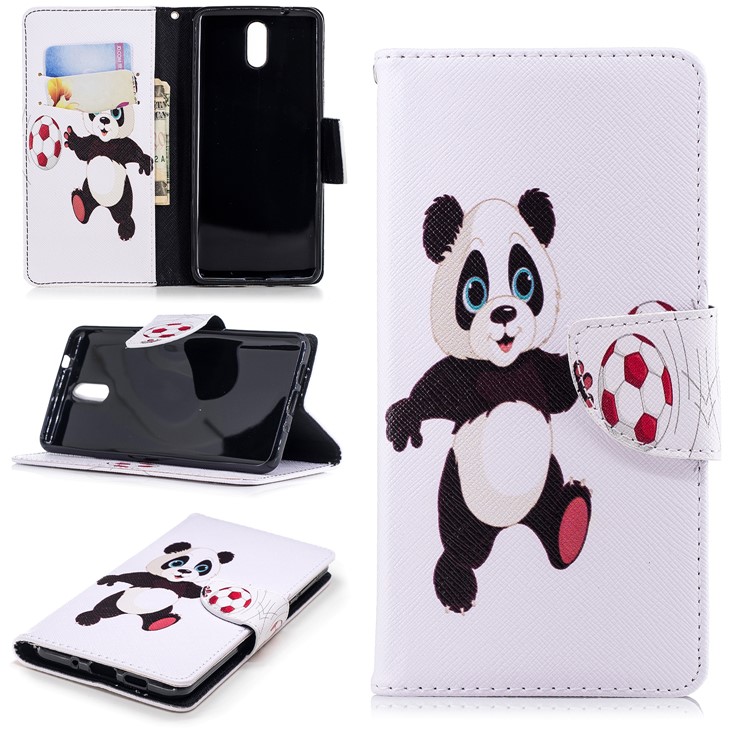 Pattern Printing Leather Stand Cover with Card Slots for Nokia 3.1 - Panda Playing Football-1