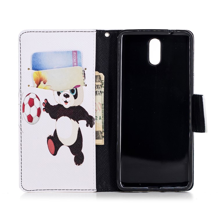 Pattern Printing Leather Stand Cover with Card Slots for Nokia 3.1 - Panda Playing Football-8