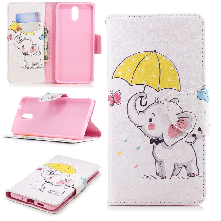 Pattern Printing Cell Phone Leather Stand Case for Nokia 3.1 - Elephant Holding an Umbrella-1