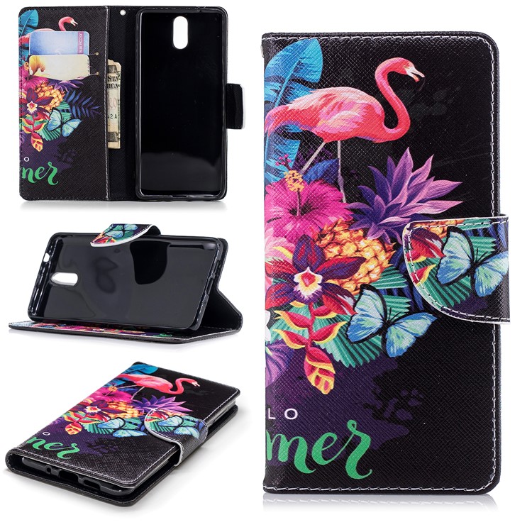 Pattern Printing Wallet Leather Case with Stand for Nokia 3.1 - Crane and Flowers-1
