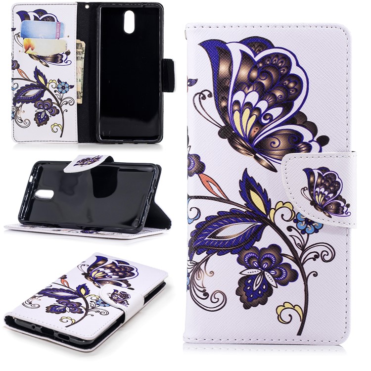 Carteira De Couro De Impressão Padrão Carteira Com Suporte Para Nokia 3.1 - Teste Padrão De Borboleta-1