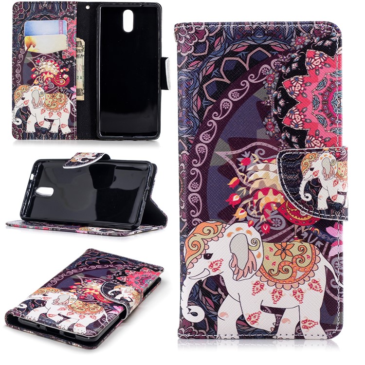 Pattern Printing Magnetic Leather Case with Stand for Nokia 3.1 - Flower and Elephant-1
