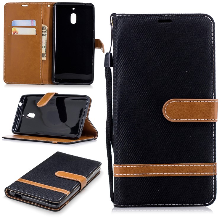 Assorted Color Jeans Cloth Wallet Stand Leather Phone Case for Nokia 2.1 - Black-1