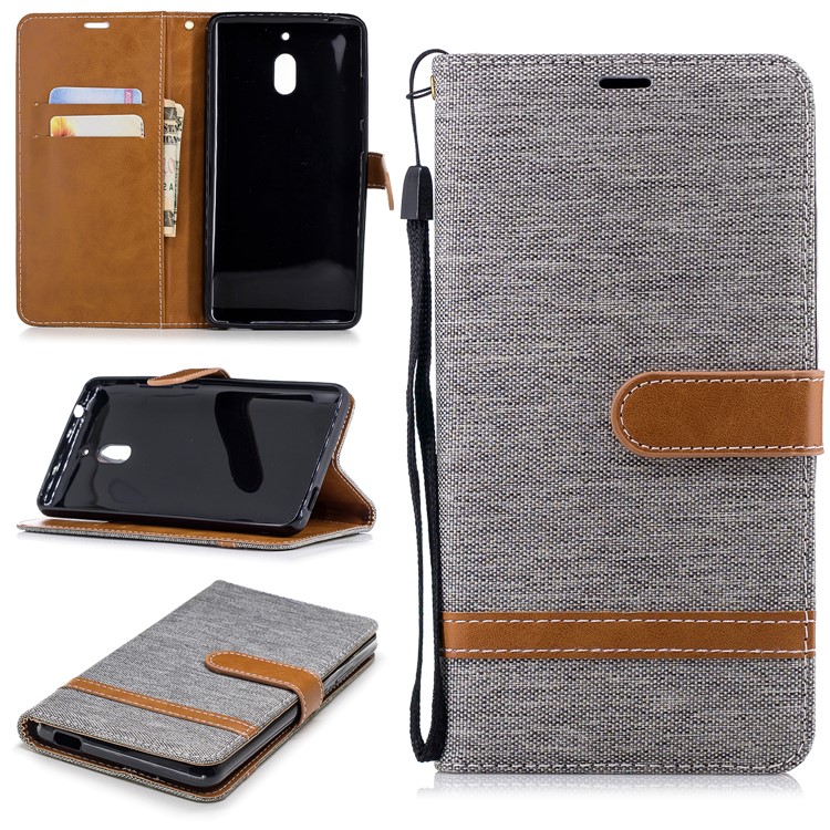 Assorted Color Jeans Cloth Wallet Stand Leather Phone Cover for Nokia 2.1 - Grey-1