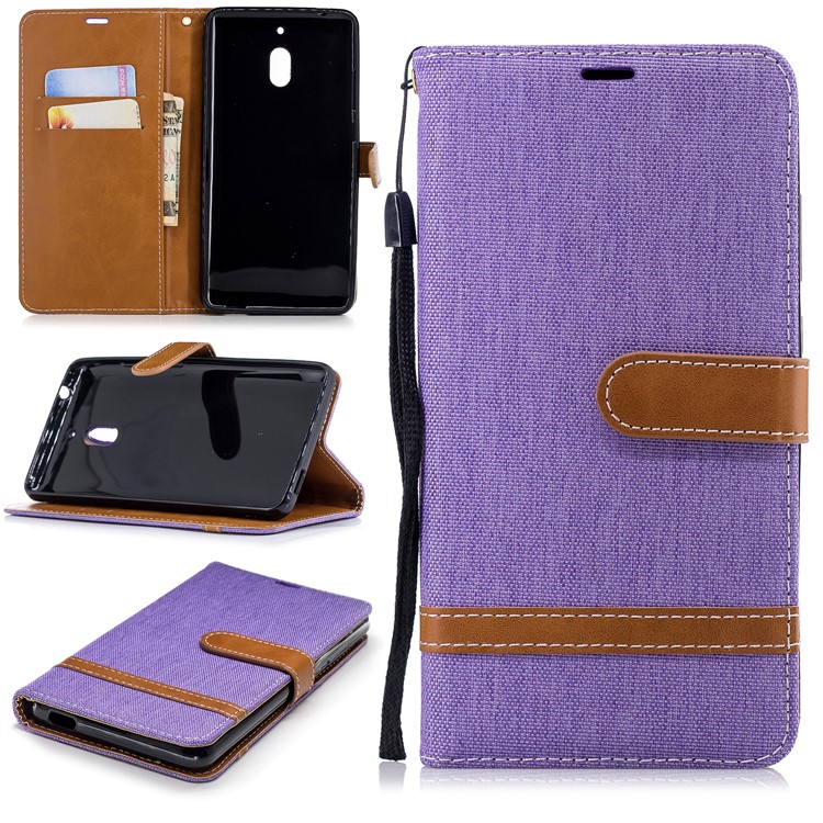Assorted Color Jeans Cloth Wallet Stand Leather Mobile Phone Casing for Nokia 2.1 - Purple-1