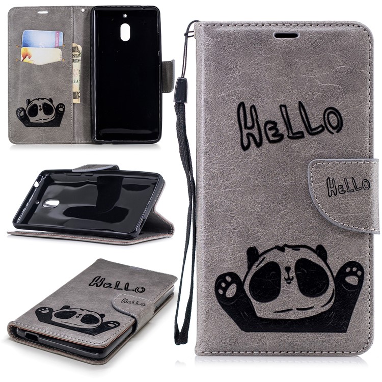 For Nokia 2.1 Imprinted Hello Panda Wallet Stand Leather Mobile Case - Grey-1
