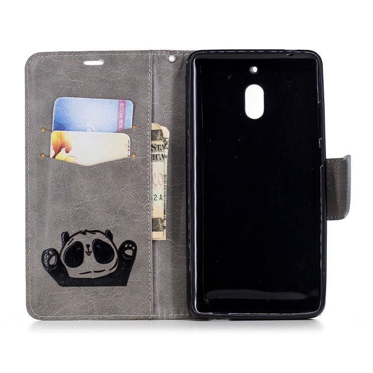 For Nokia 2.1 Imprinted Hello Panda Wallet Stand Leather Mobile Case - Grey-10